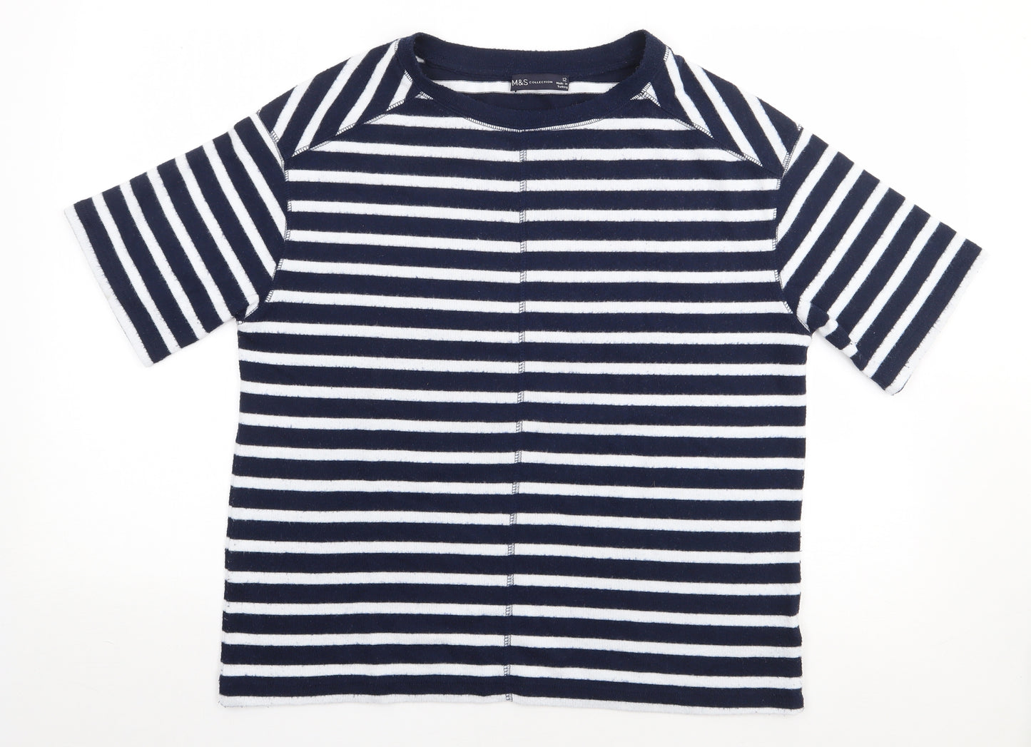 Marks and Spencer Womens Blue Striped Polyester Jersey T-Shirt Size 12 Crew Neck