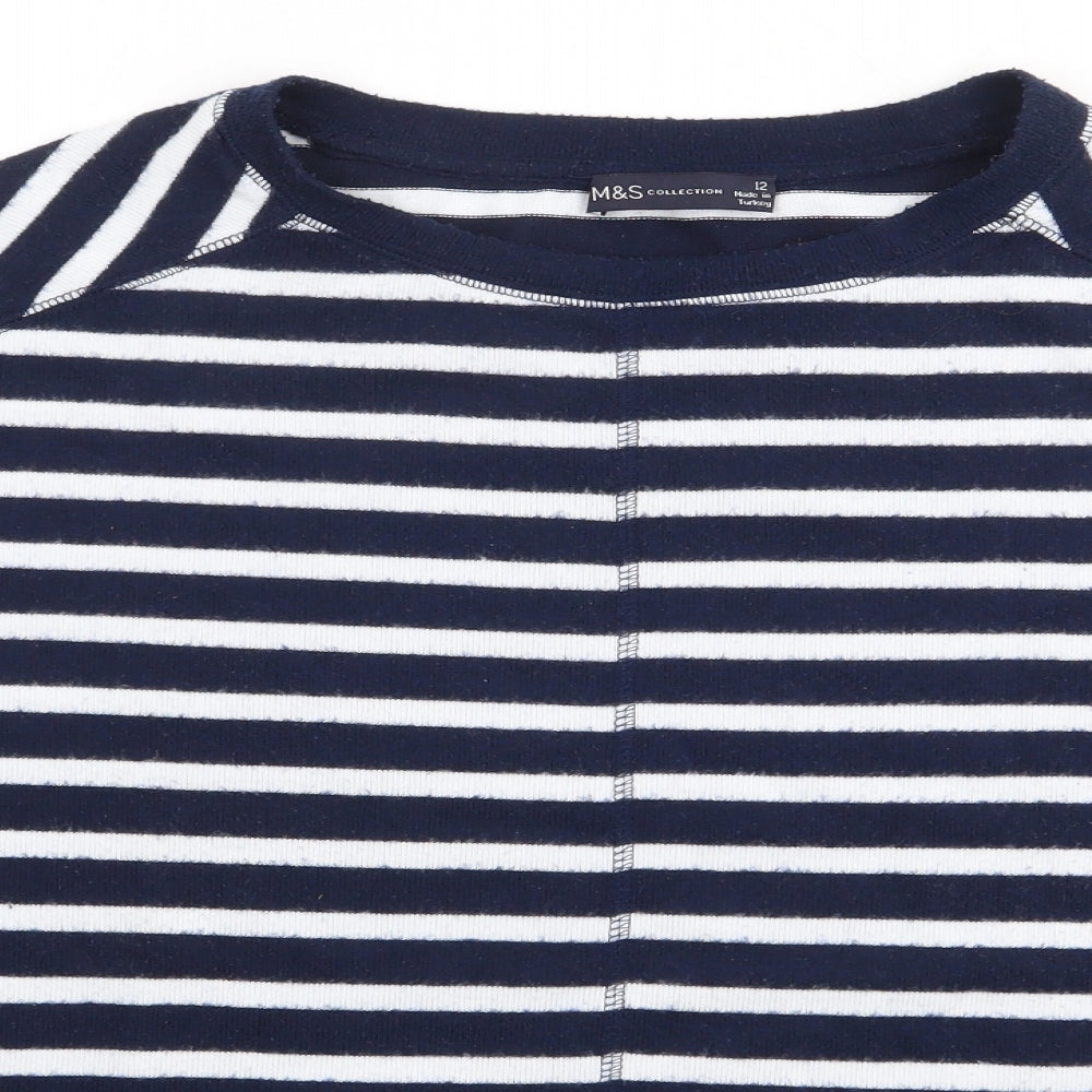 Marks and Spencer Womens Blue Striped Polyester Jersey T-Shirt Size 12 Crew Neck