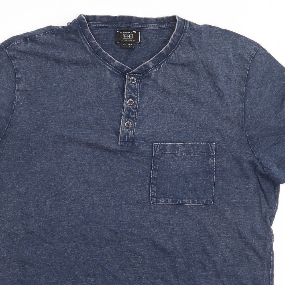 F&F Mens Blue  Cotton  T-Shirt Size L V-Neck