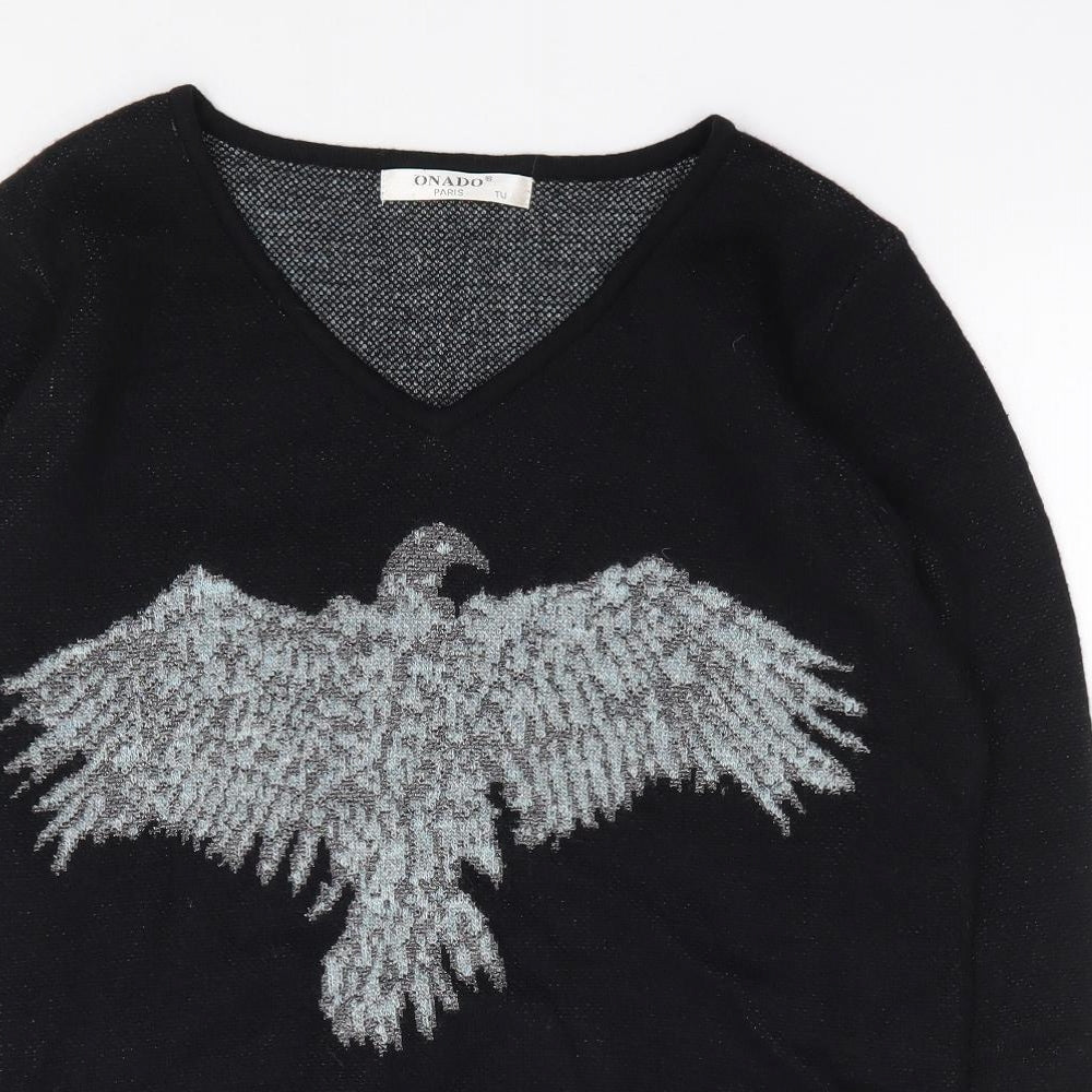 Onado Paris Womens Black V-Neck  Nylon Pullover Jumper Size S