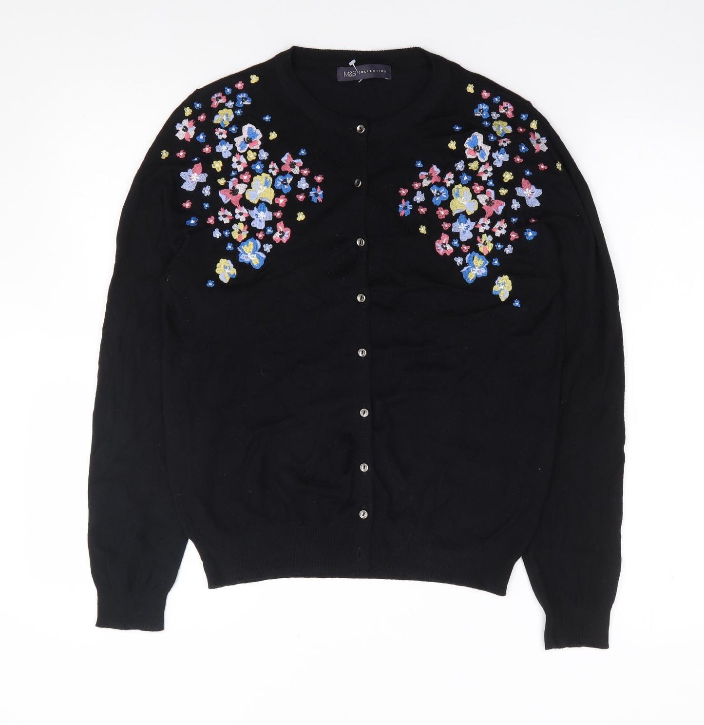 Marks and Spencer Womens Black Round Neck Floral Polyester Cardigan Jumper Size S
