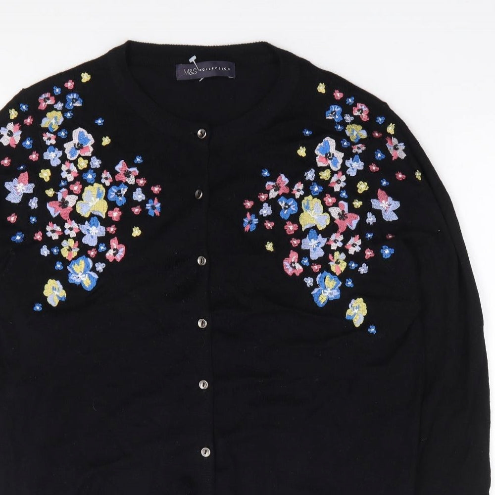 Marks and Spencer Womens Black Round Neck Floral Polyester Cardigan Jumper Size S
