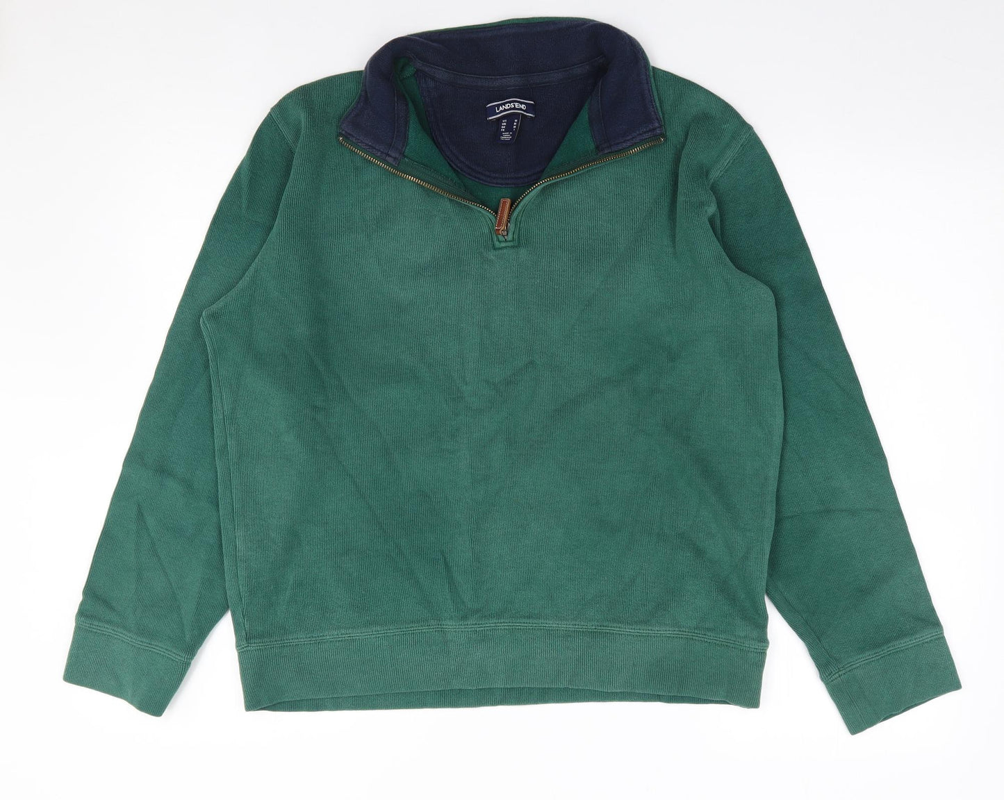 Lands End Mens Green V-Neck  Cotton Pullover Jumper Size M