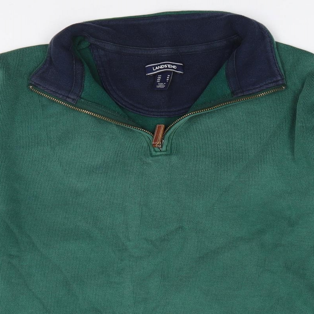 Lands End Mens Green V-Neck  Cotton Pullover Jumper Size M