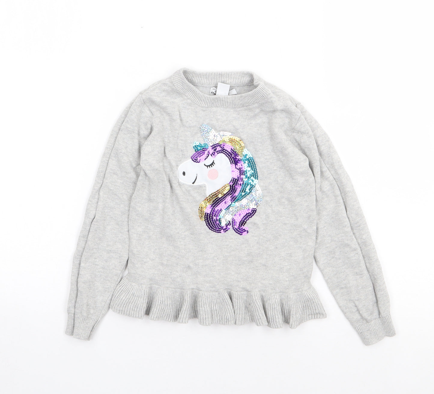 Primark Girls Grey Crew Neck  Cotton Pullover Jumper Size 5-6 Years  Pullover - Unicorn