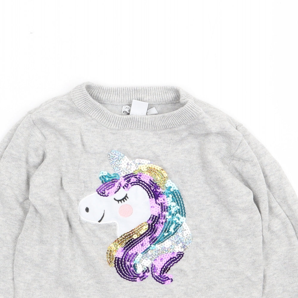 Primark Girls Grey Crew Neck  Cotton Pullover Jumper Size 5-6 Years  Pullover - Unicorn