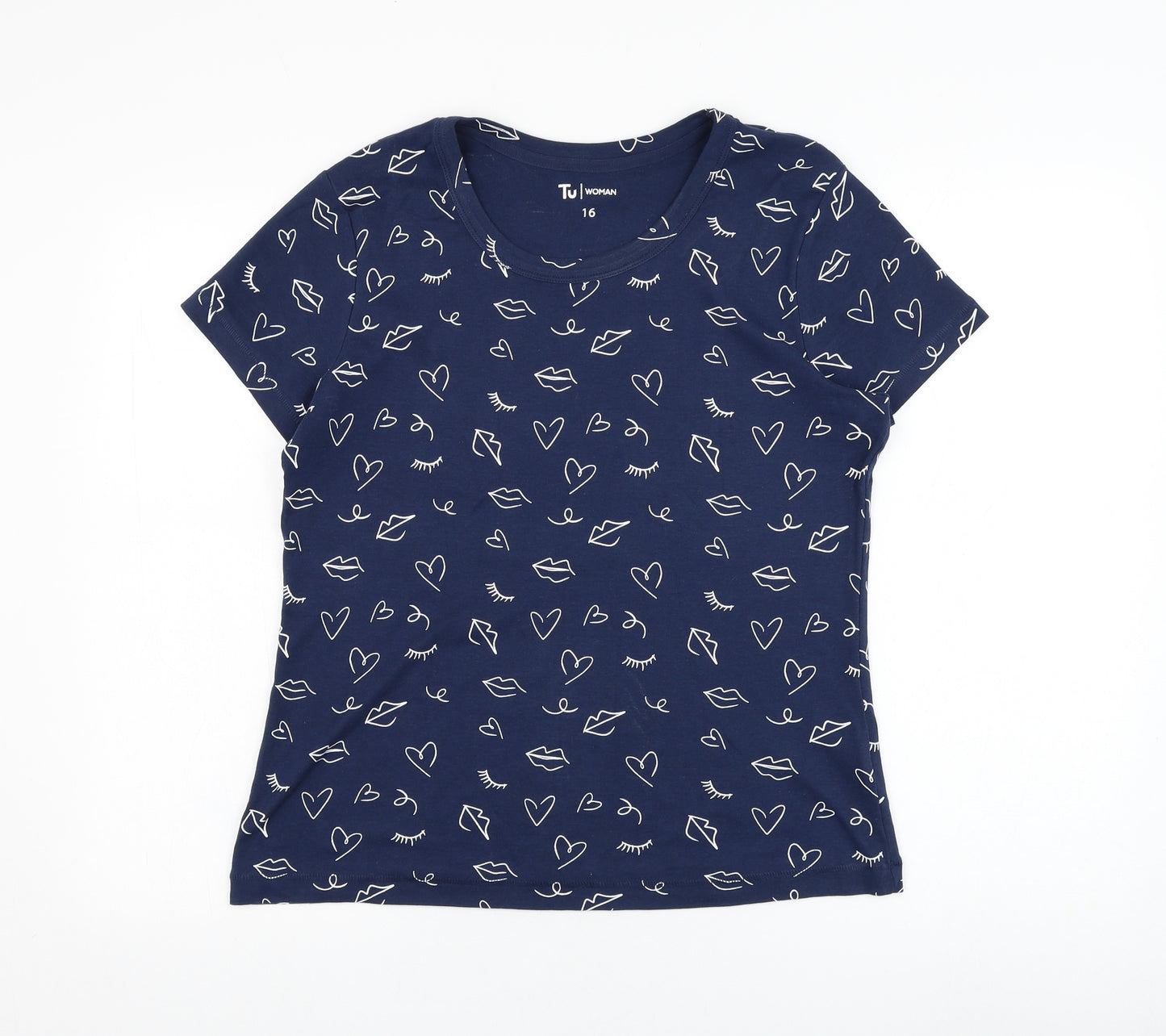 TU Womens Blue  Cotton Basic T-Shirt Size 16 Round Neck - Heart, Lips