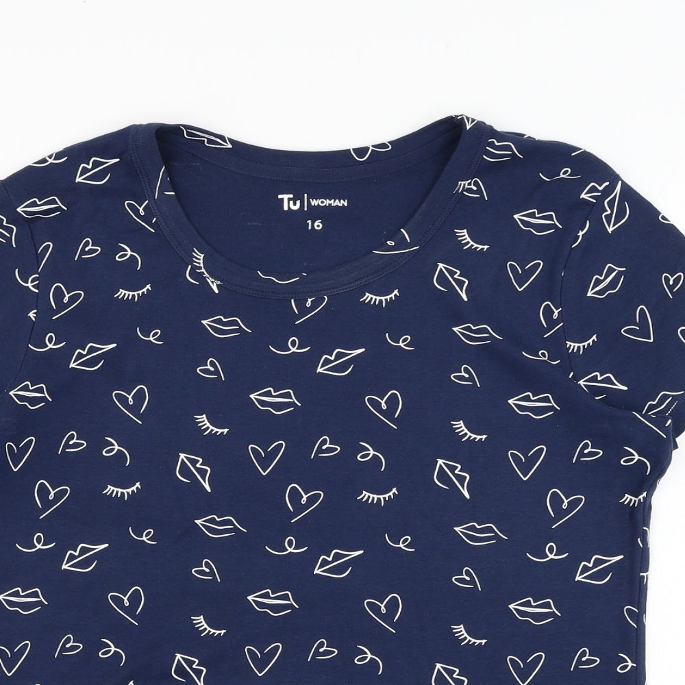 TU Womens Blue  Cotton Basic T-Shirt Size 16 Round Neck - Heart, Lips