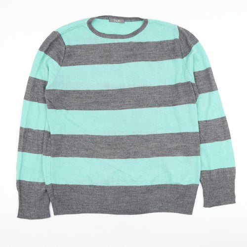 South Womens Green Round Neck Striped Acrylic Pullover Jumper Size 14
