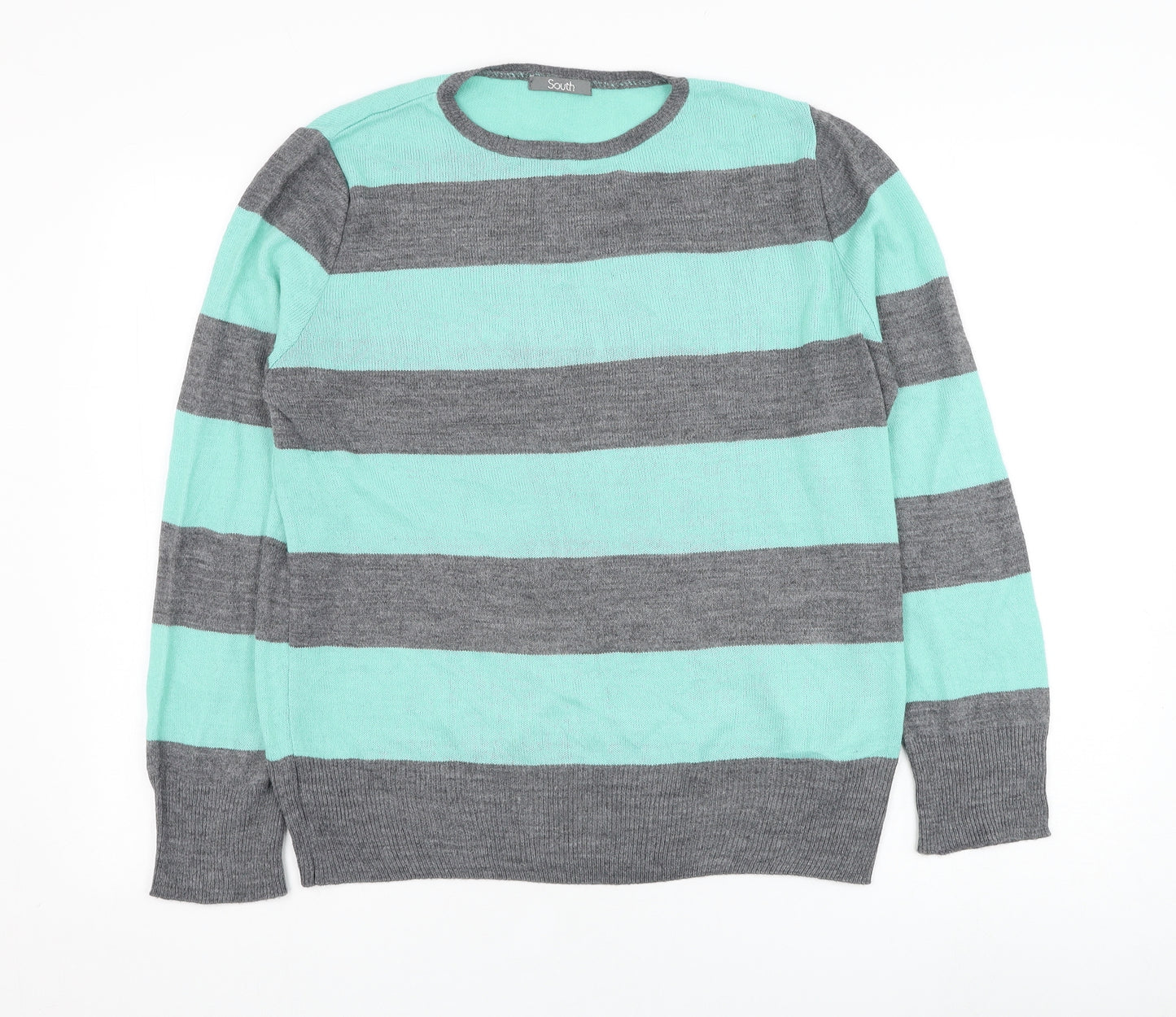 South Womens Green Round Neck Striped Acrylic Pullover Jumper Size 14