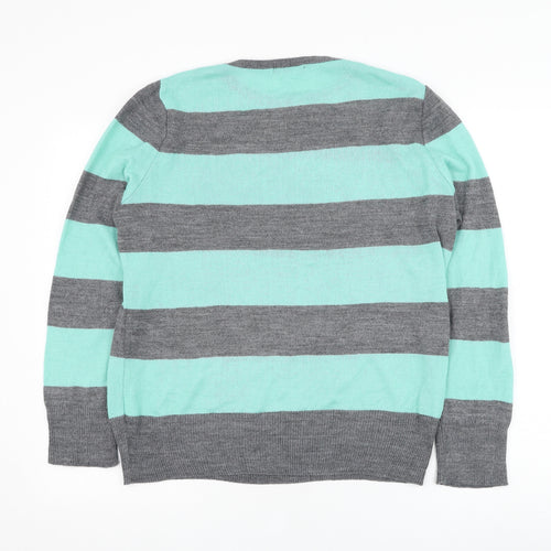 South Womens Green Round Neck Striped Acrylic Pullover Jumper Size 14