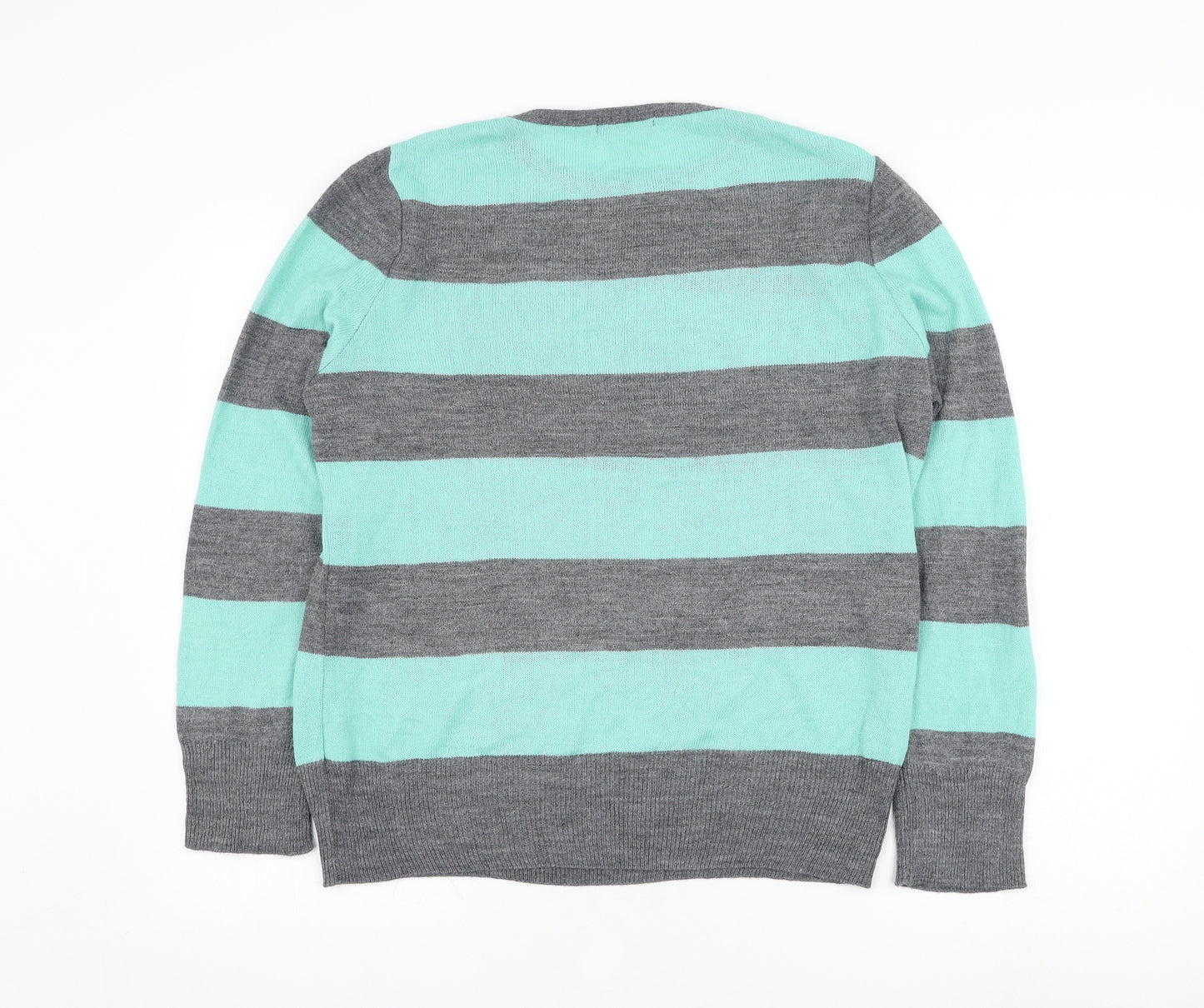 South Womens Green Round Neck Striped Acrylic Pullover Jumper Size 14