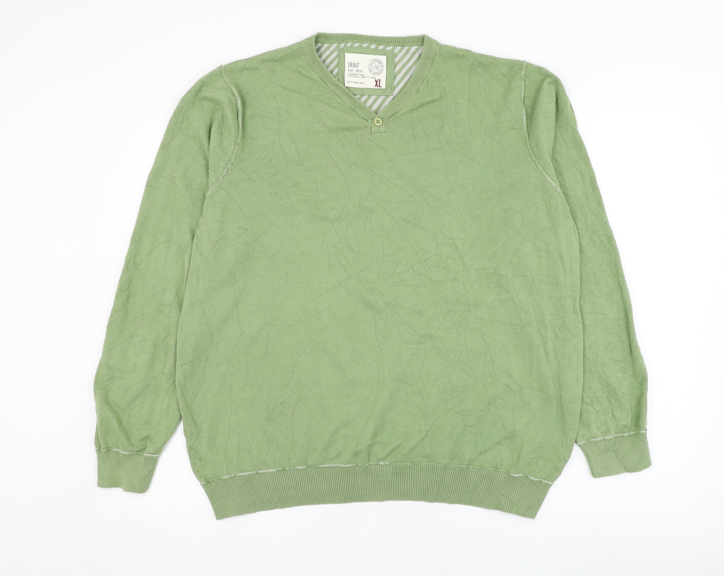 BHS Mens Green V-Neck  Cotton Pullover Jumper Size XL