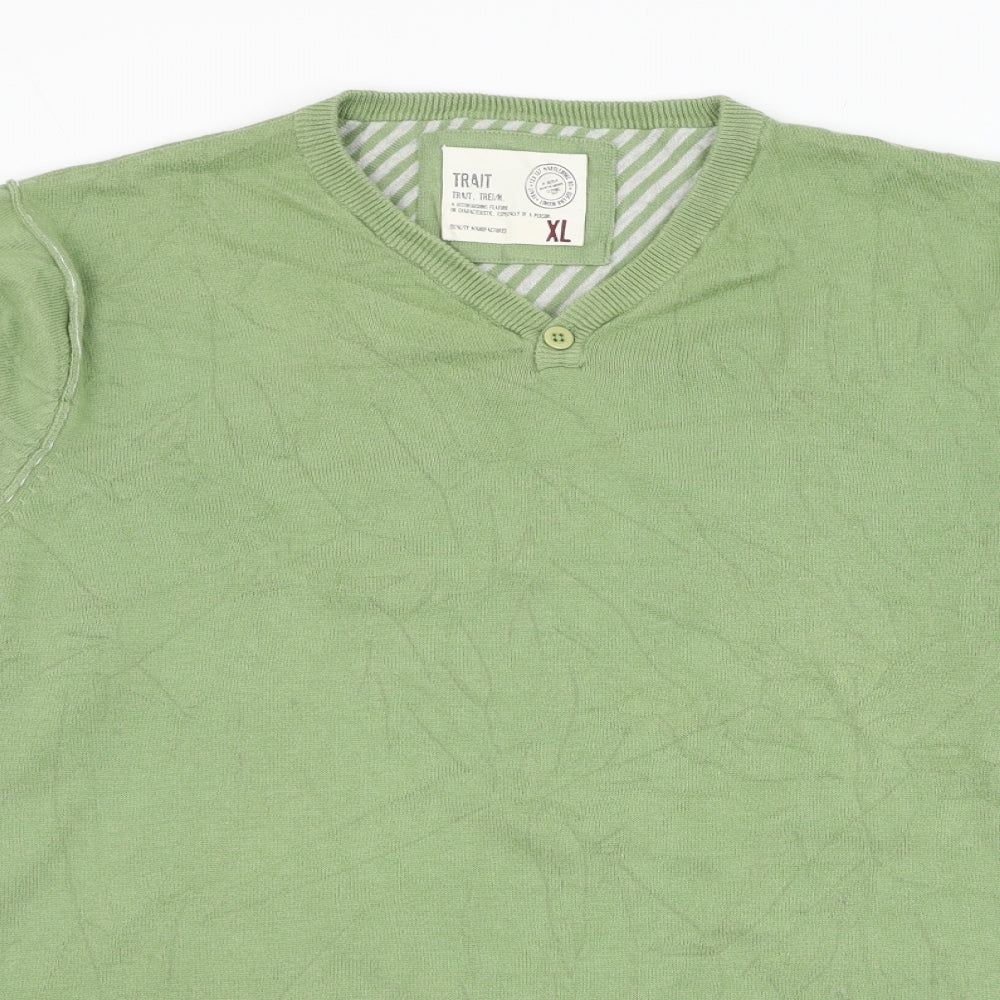 BHS Mens Green V-Neck  Cotton Pullover Jumper Size XL