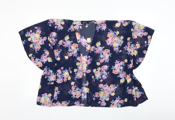 New Look Girls Blue Round Neck Floral Polyester Cardigan Jumper Size M Pullover