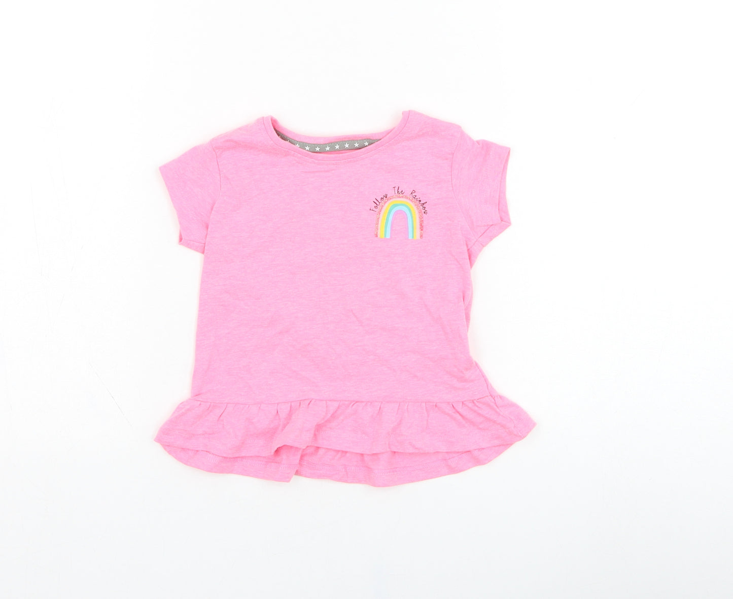jeff&co Girls Pink  Cotton Basic T-Shirt Size 18-24 Months Round Neck Pullover - Rainbow