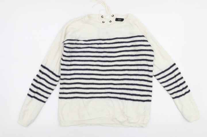 F&F Womens White Round Neck Striped Acrylic Pullover Jumper Size 8