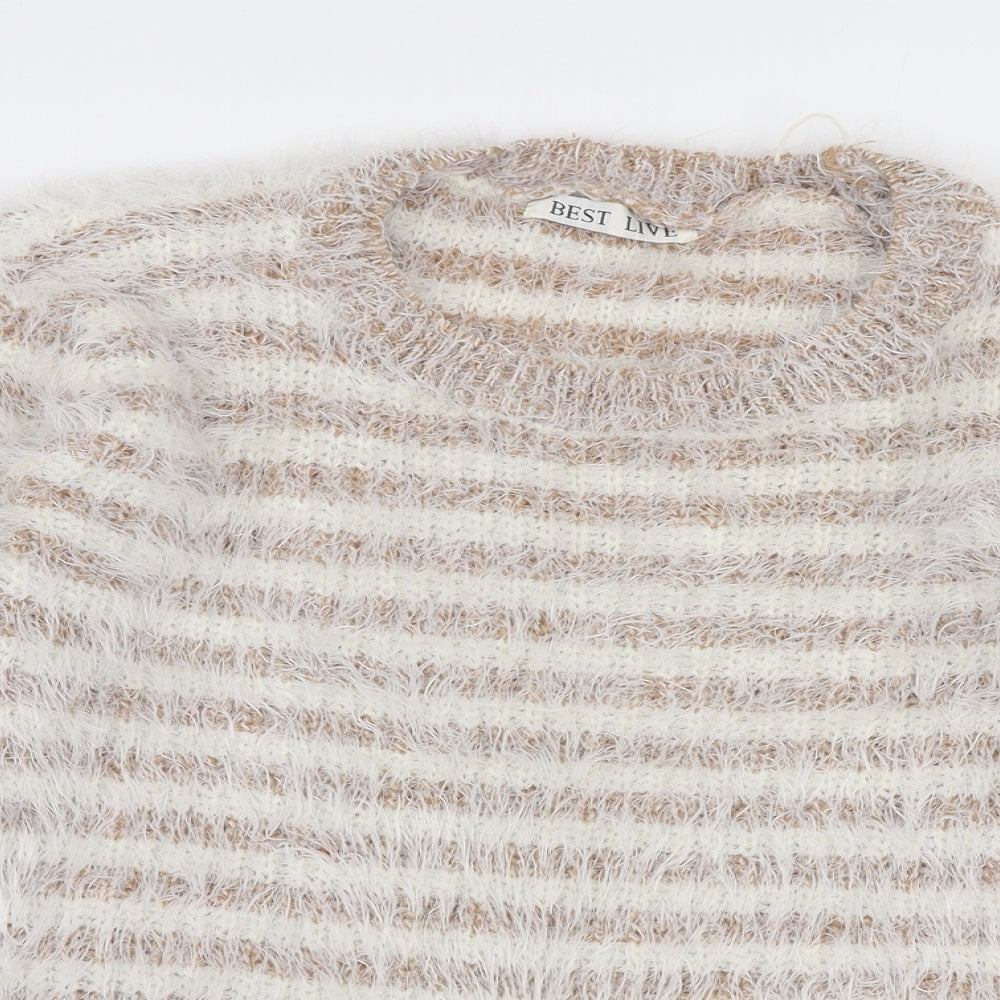 Best Live Womens Beige Round Neck Striped Acrylic Pullover Jumper Size XS