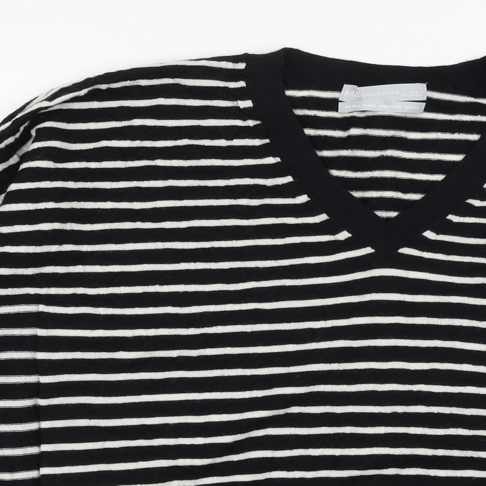 Marks and Spencer Womens Black V-Neck Striped Wool Pullover Jumper Size L