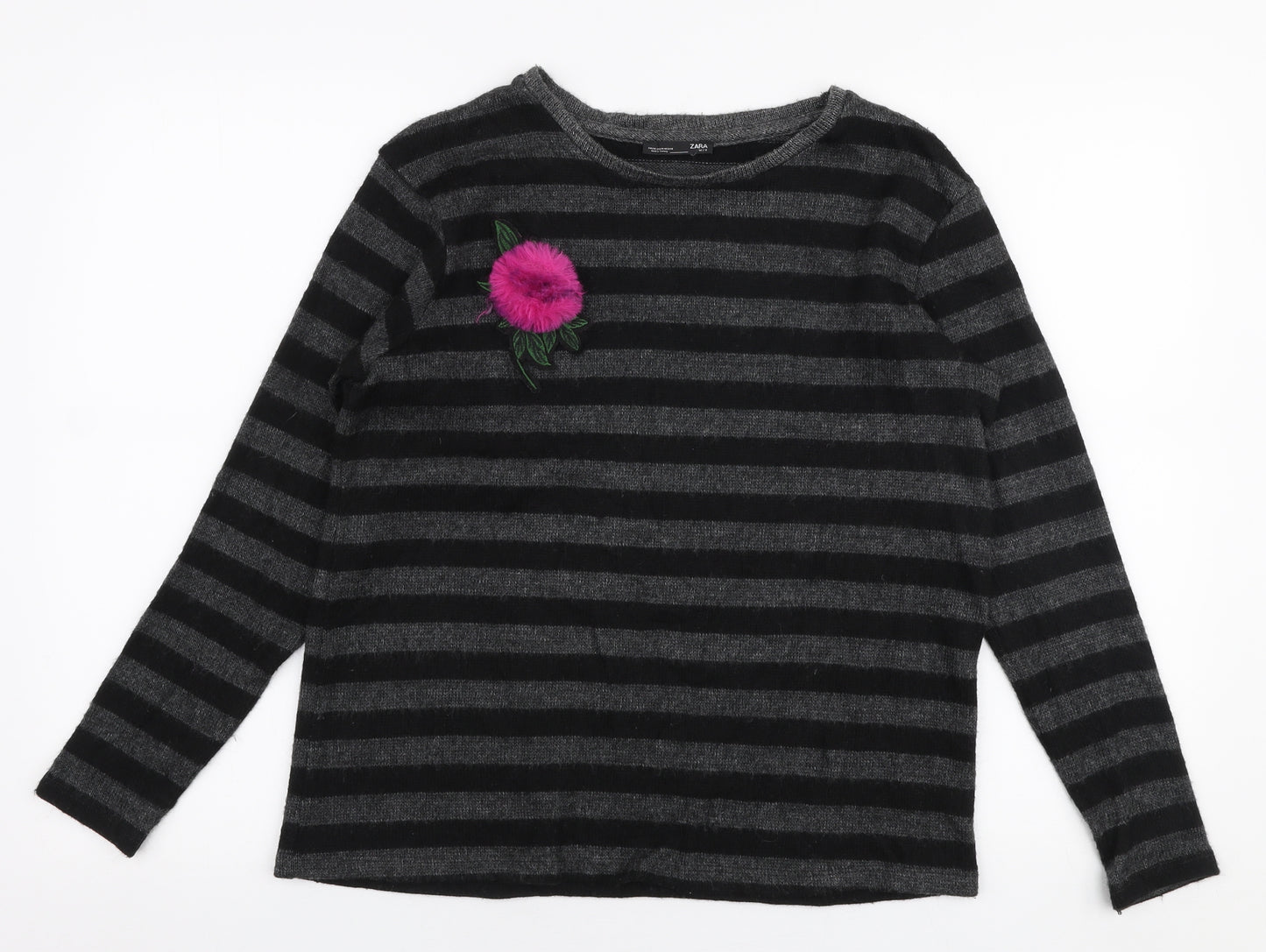 Zara Womens Grey Round Neck Striped Polyester Pullover Jumper Size M