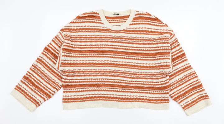 Miss Selfridge Womens Orange Round Neck Striped Acrylic Pullover Jumper Size 6