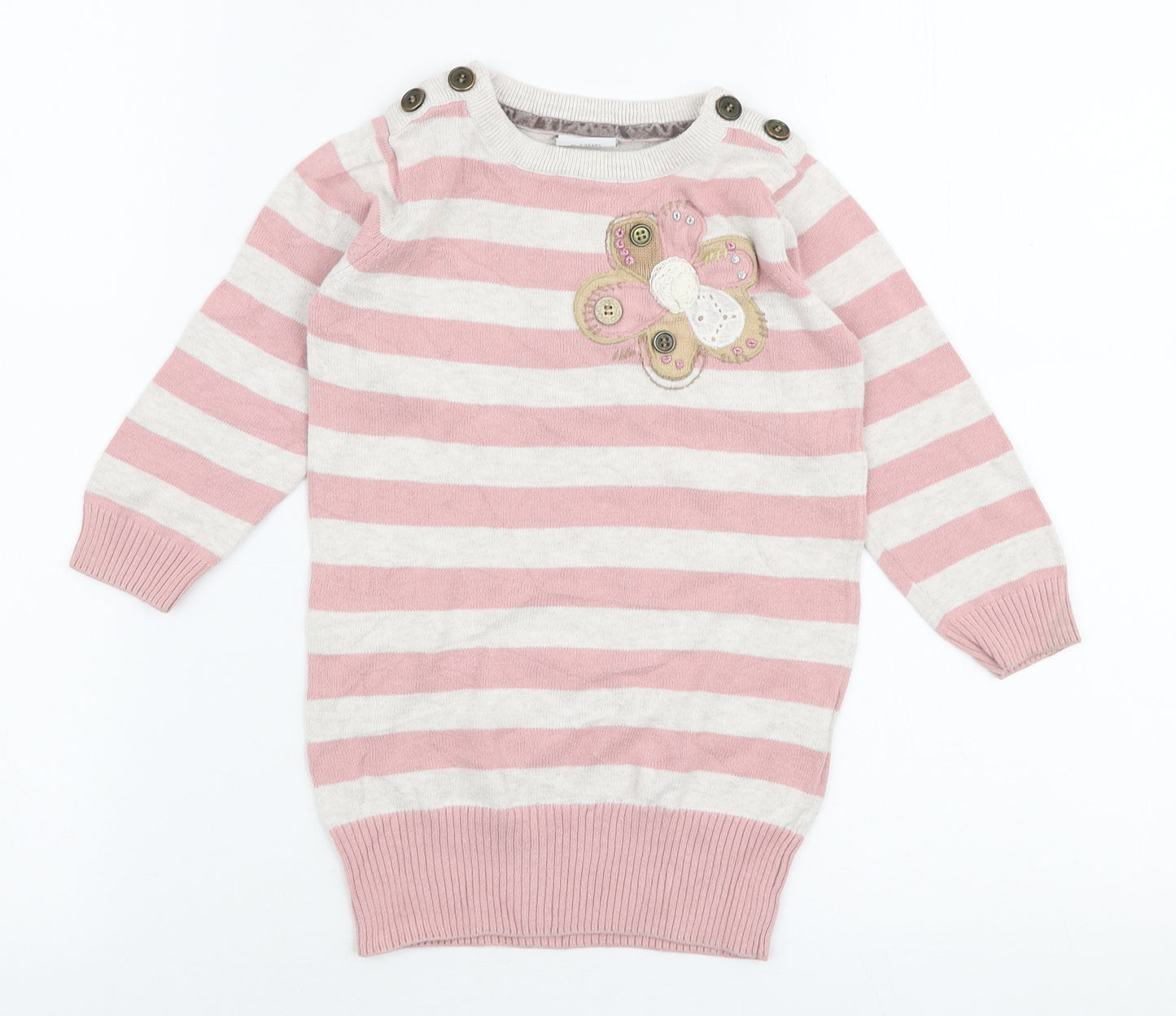 NEXT Girls Pink Striped 100% Cotton Jumper Dress  Size 18-24 Months  Round Neck Button