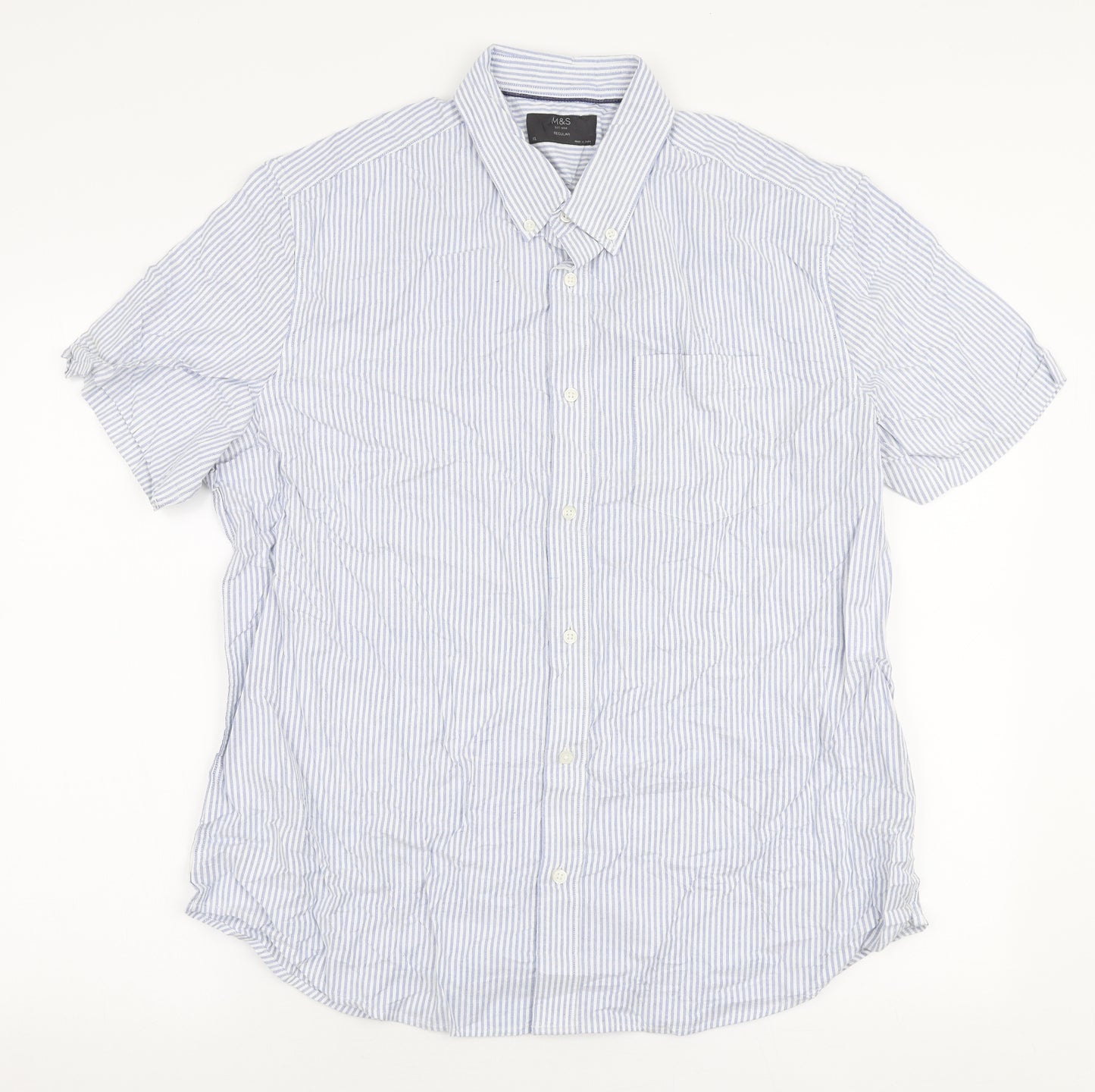 Marks and Spencer Mens Blue Striped Cotton  Button-Up Size XL Collared Button