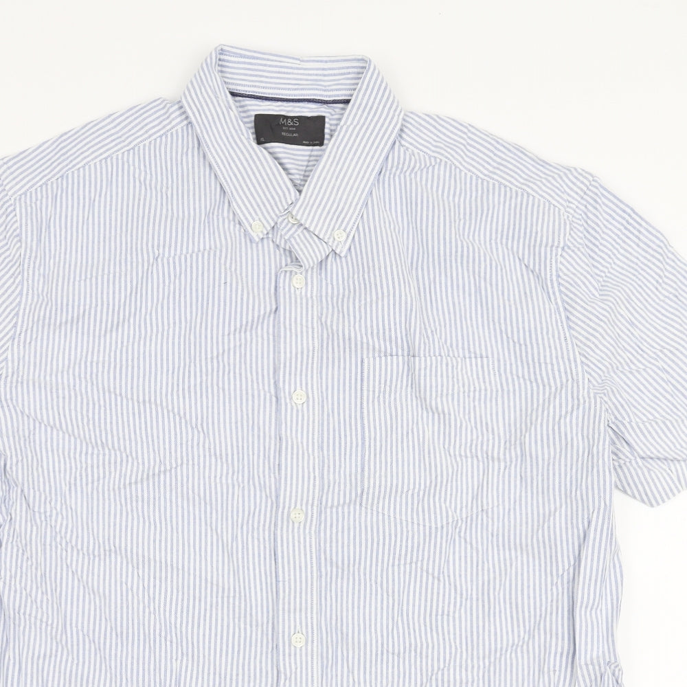 Marks and Spencer Mens Blue Striped Cotton  Button-Up Size XL Collared Button