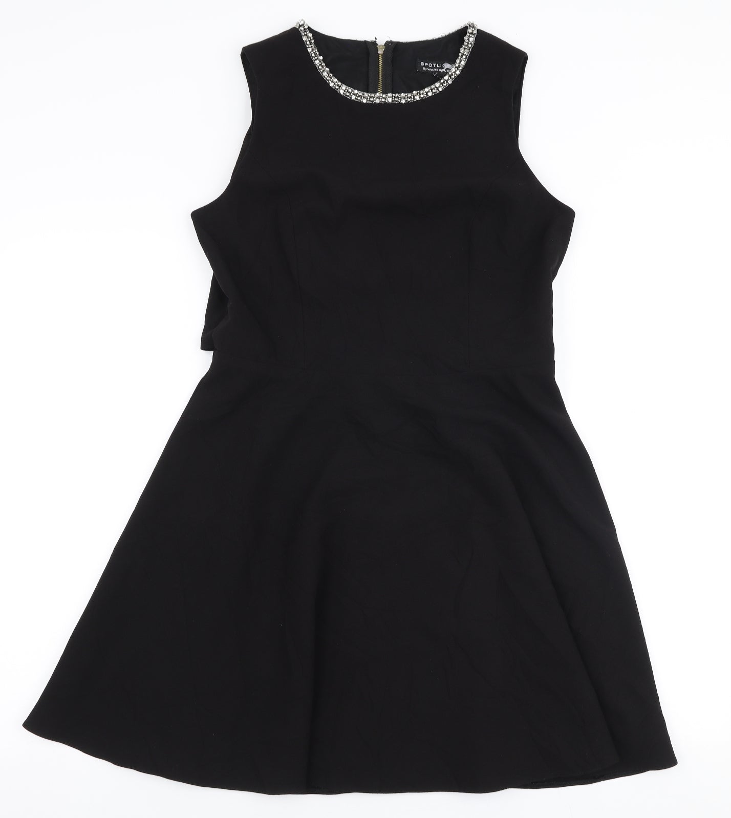 Warehouse Womens Black  Polyester Skater Dress  Size 12  Round Neck Zip