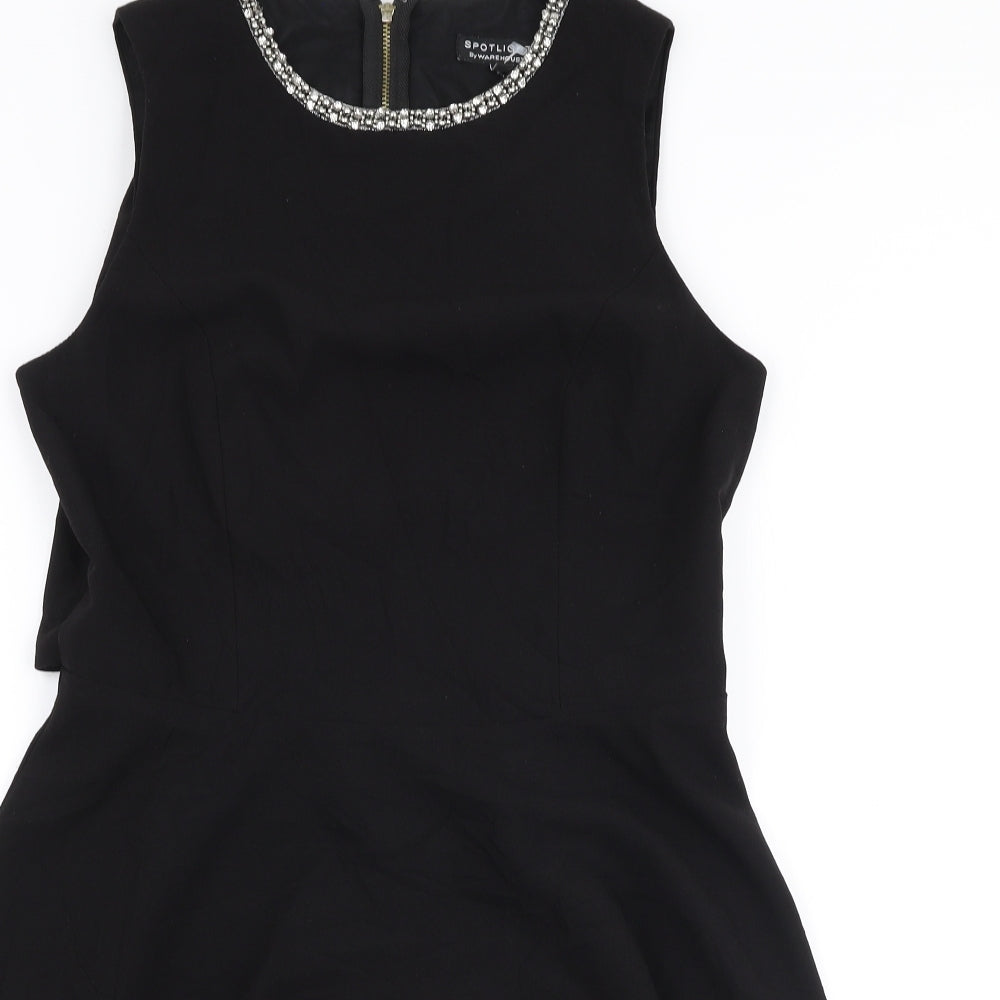 Warehouse Womens Black  Polyester Skater Dress  Size 12  Round Neck Zip