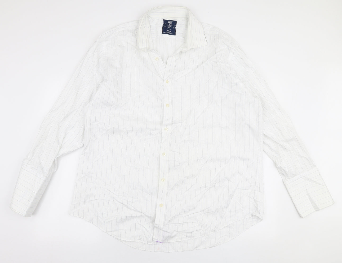 Hawes & Curtis Mens White Striped Cotton  Button-Up Size 17.5 Collared Button