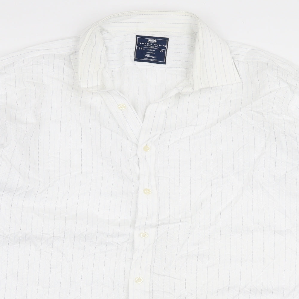 Hawes & Curtis Mens White Striped Cotton  Button-Up Size 17.5 Collared Button