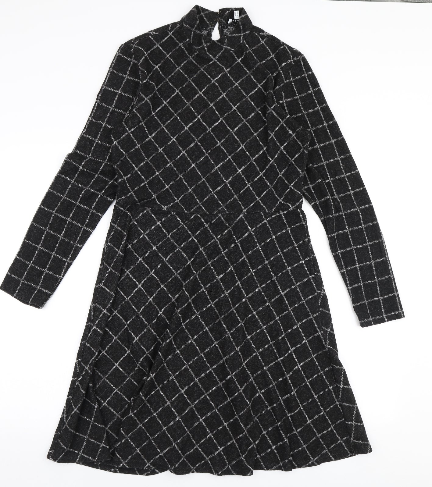 Warehouse Womens Black Check Viscose Skater Dress  Size 14  High Neck Pullover