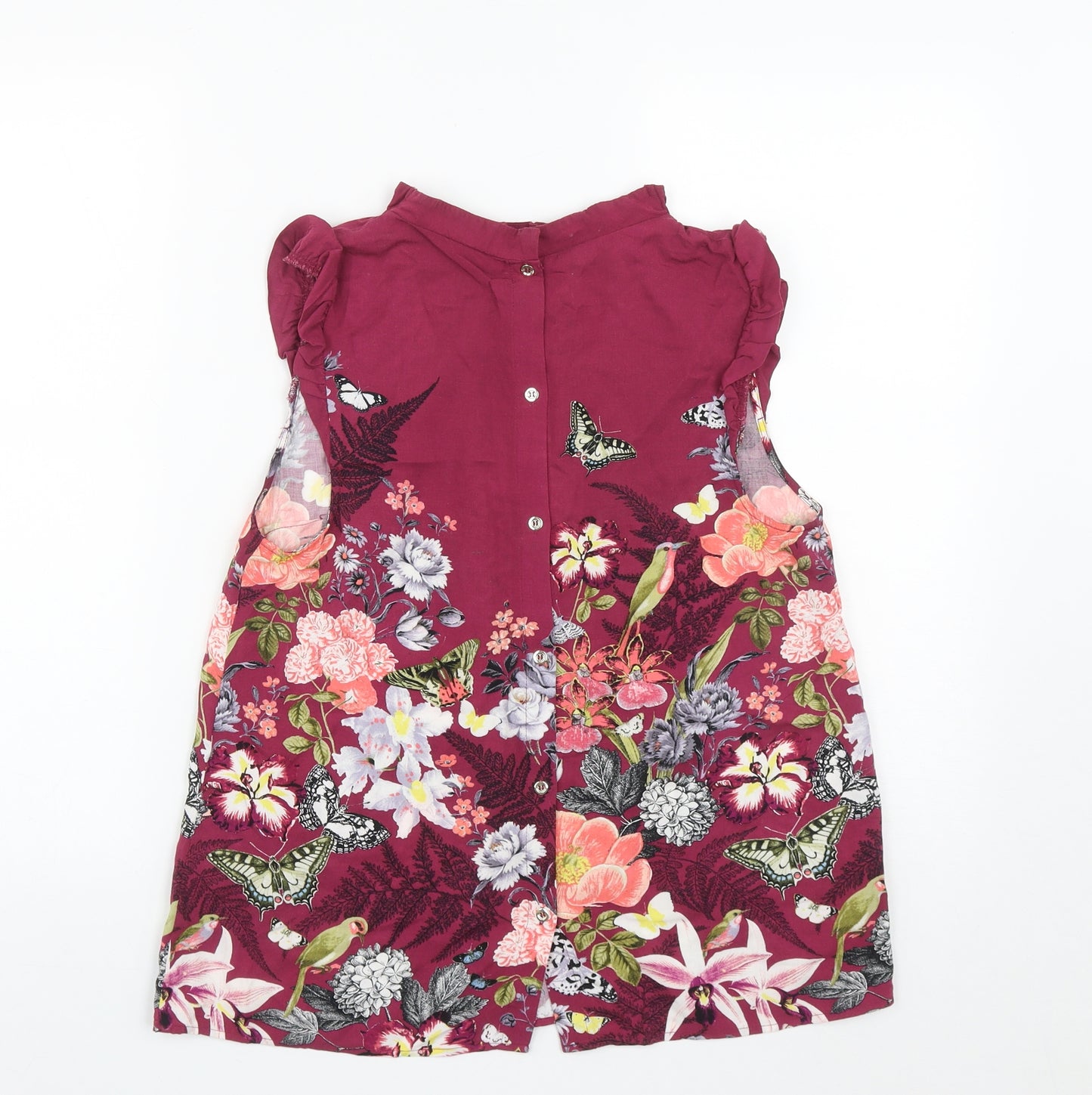 Oasis Womens Purple Floral Viscose Basic Button-Up Size 10 Round Neck