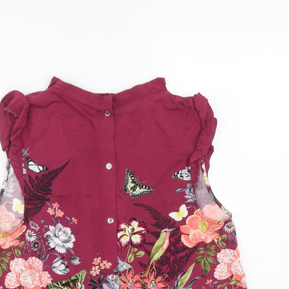 Oasis Womens Purple Floral Viscose Basic Button-Up Size 10 Round Neck