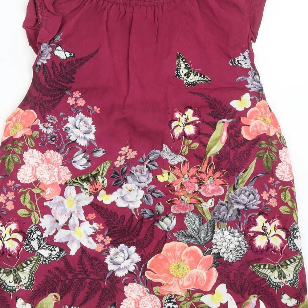 Oasis Womens Purple Floral Viscose Basic Button-Up Size 10 Round Neck