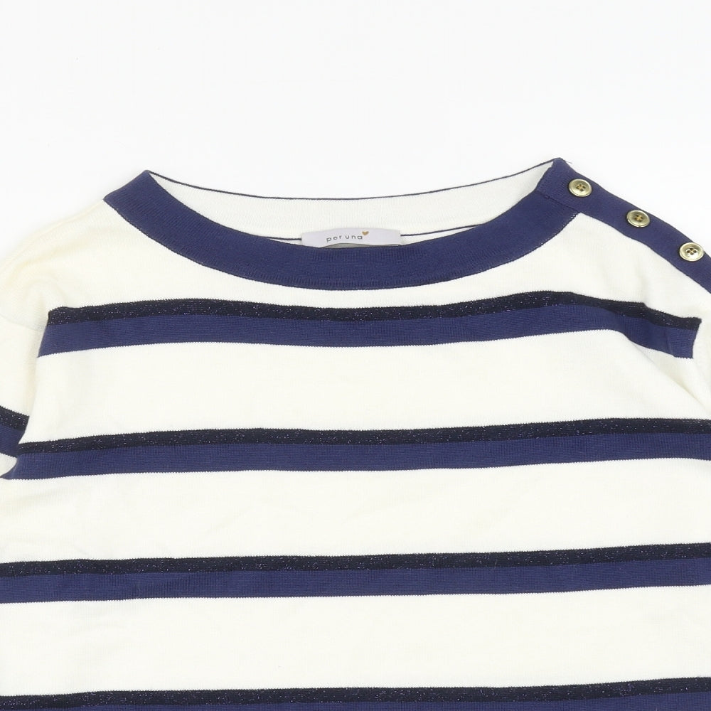 Marks and Spencer Womens White Round Neck Striped Cotton Pullover Jumper Size 8