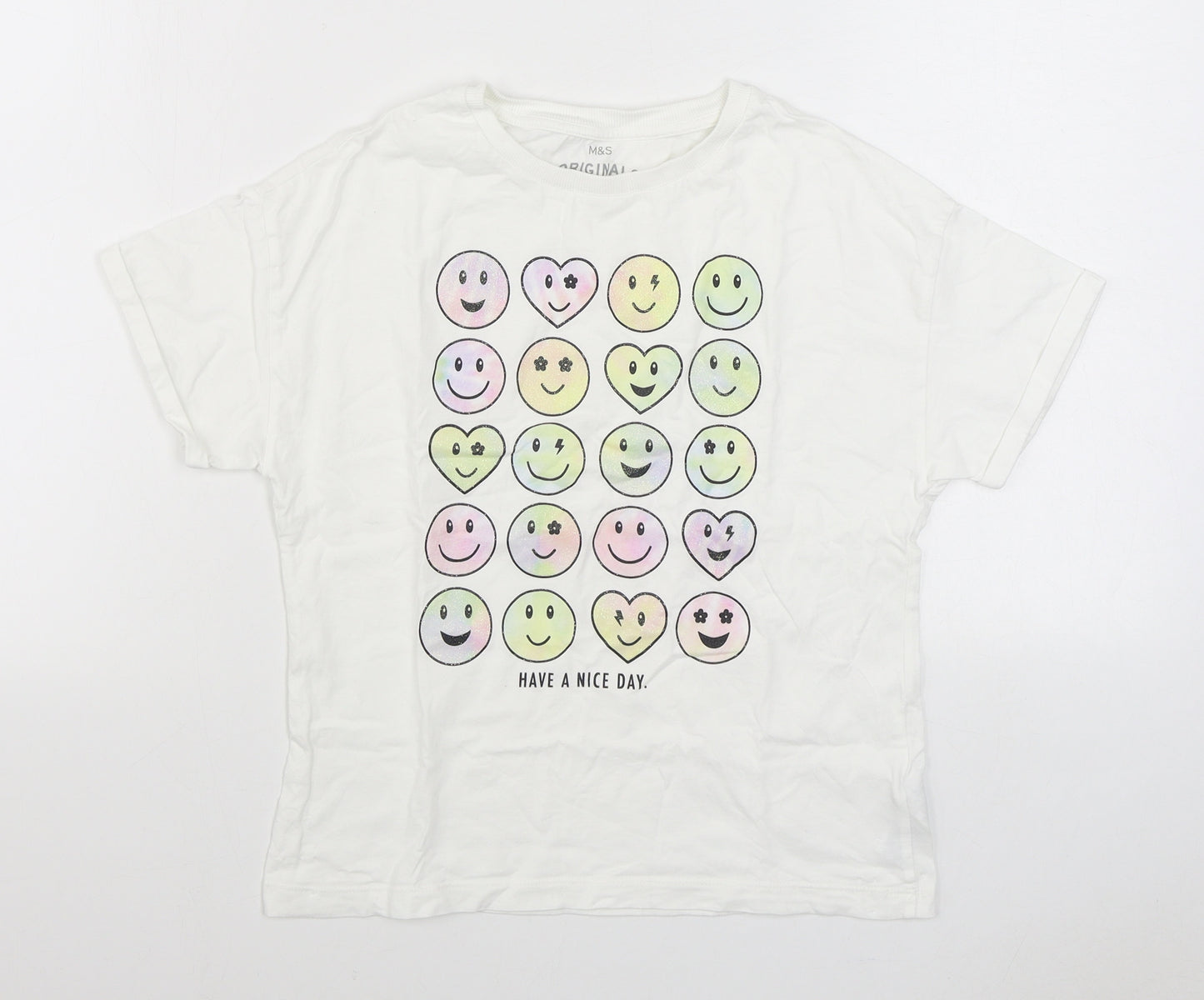 Marks and Spencer Boys White  100% Cotton Basic T-Shirt Size 11-12 Years Round Neck Pullover