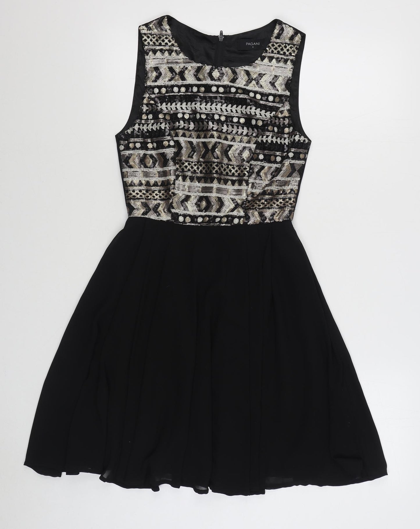 Pagani Womens Black  Polyester Skater Dress  Size 8  Boat Neck Zip