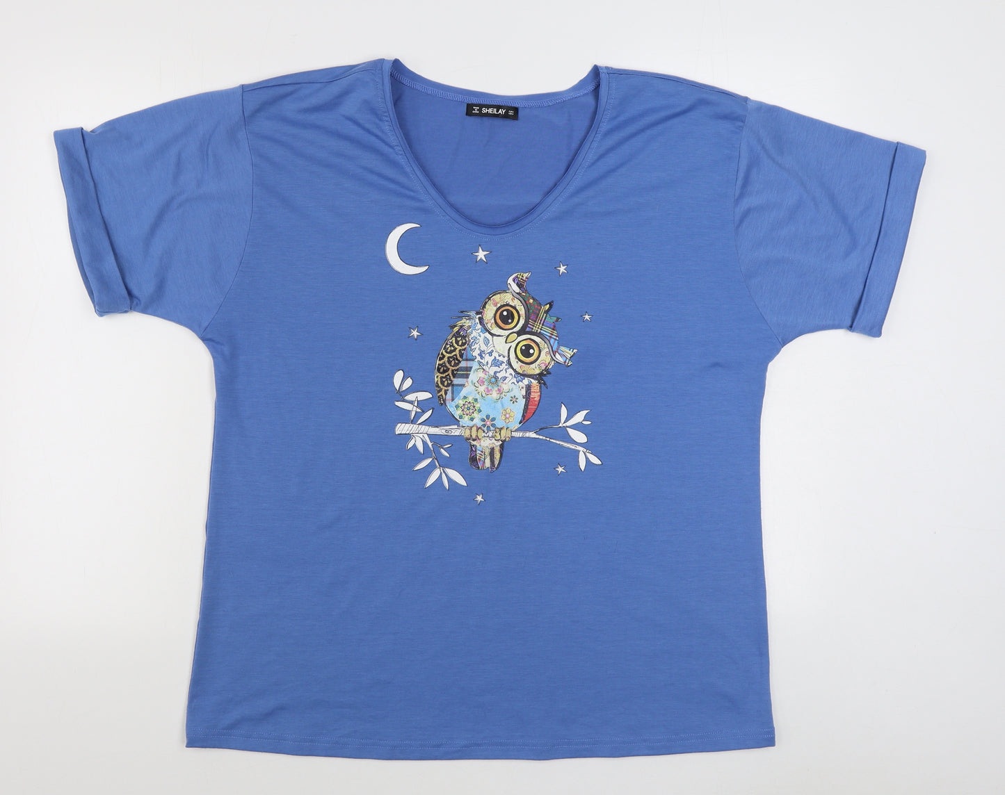 Sheilay Womens Blue  Polyester Basic T-Shirt Size S V-Neck