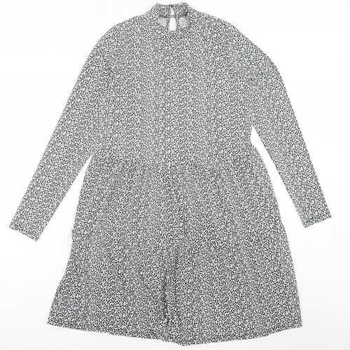 Oasis Womens Black Geometric Viscose A-Line  Size S  Crew Neck Button
