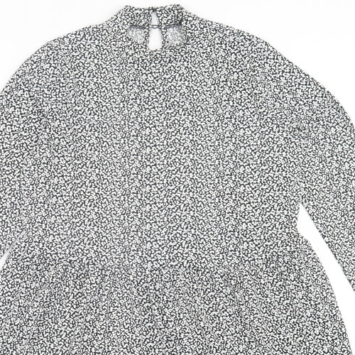 Oasis Womens Black Geometric Viscose A-Line  Size S  Crew Neck Button
