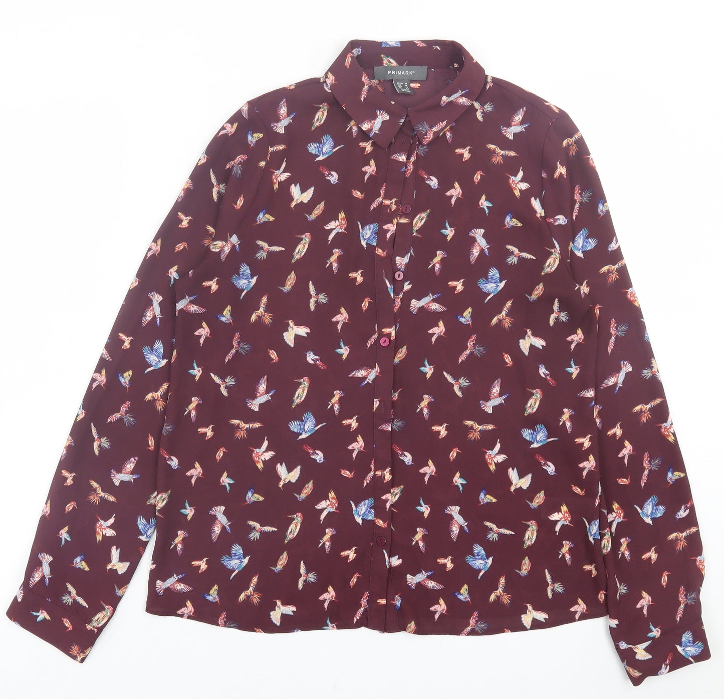 Primark Womens Purple Geometric Polyester Basic Button-Up Size 10 Collared