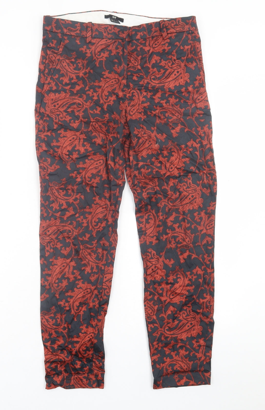 H&M Womens Orange Geometric Cotton Trousers  Size 8 L26 in Regular Hook & Eye