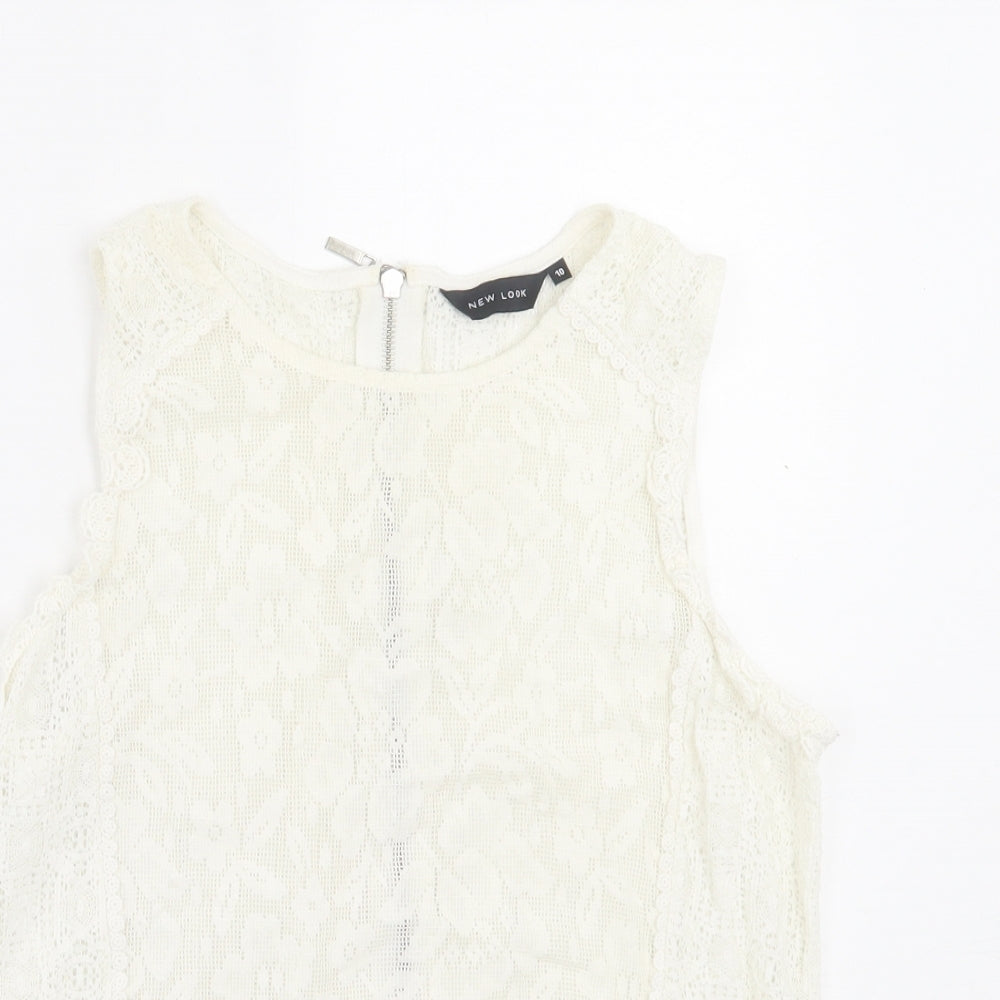 New Look Womens Ivory Floral Polyester Basic Tank Size 10 Crew Neck