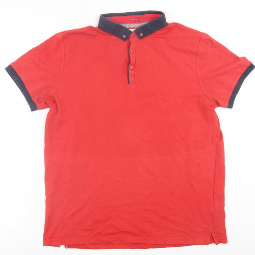 Centered Mens Red  Cotton  Polo Size L Collared Button