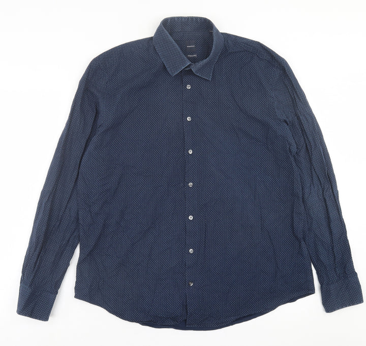 Montego Mens Blue Polka Dot Polyester Button-Up Size L Collared Button