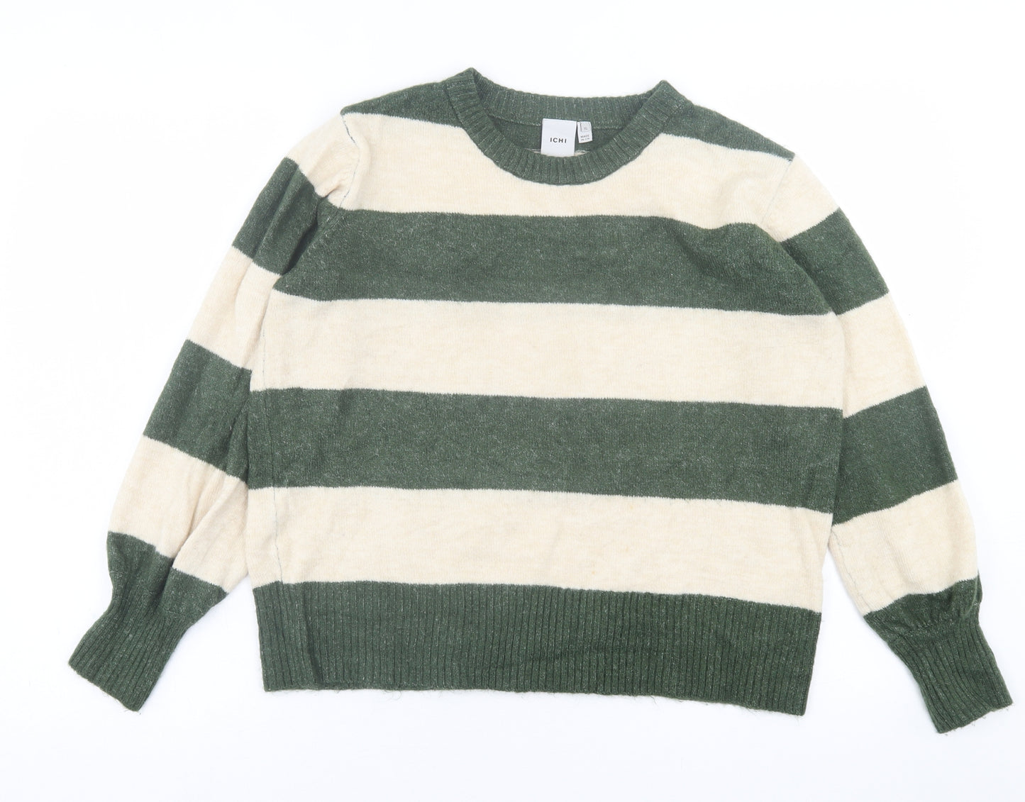 ICHI Womens Green Crew Neck Striped Acrylic Pullover Jumper Size XL