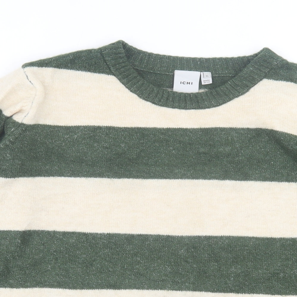 ICHI Womens Green Crew Neck Striped Acrylic Pullover Jumper Size XL