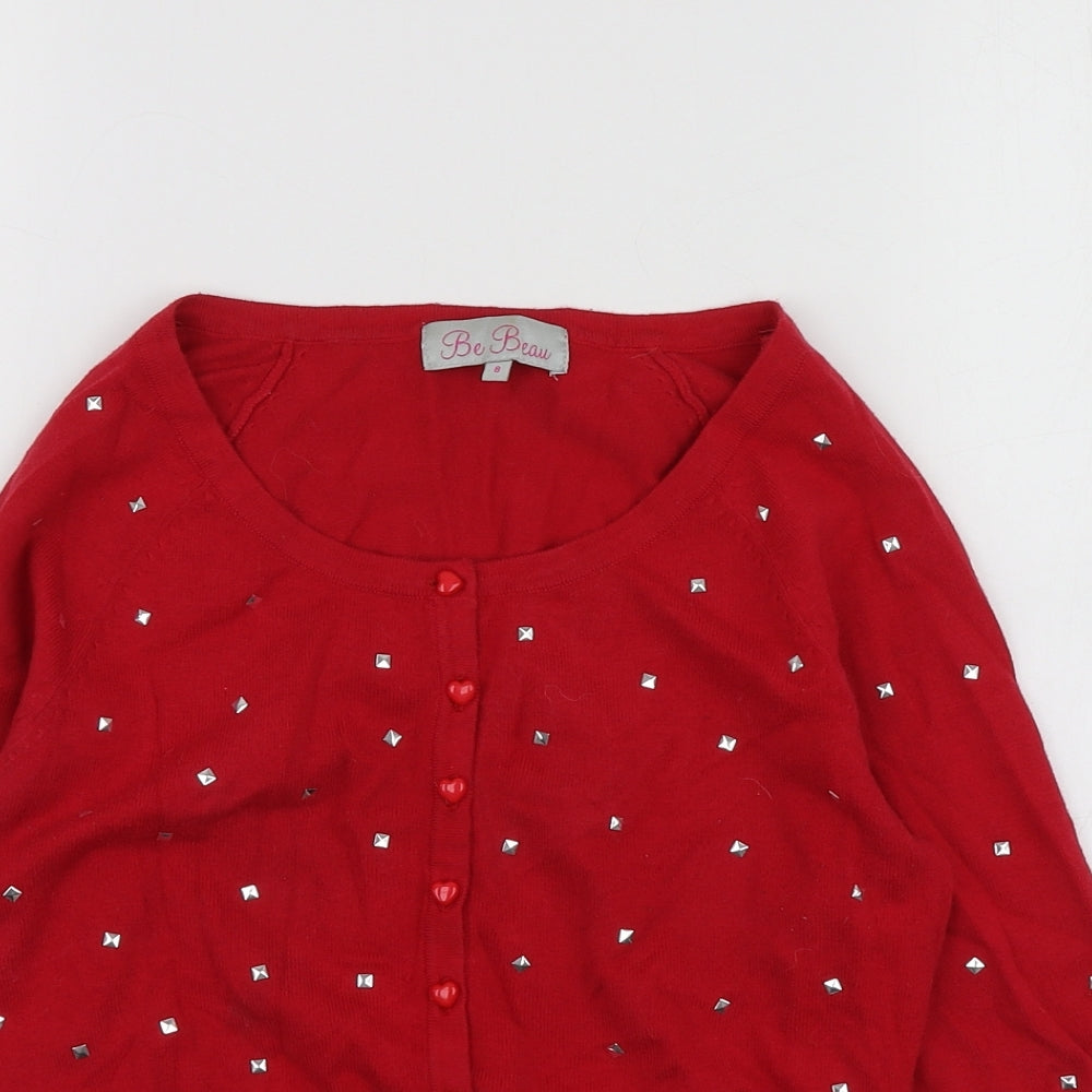 Be Bau Womens Red V-Neck  Cotton Cardigan Jumper Size 8